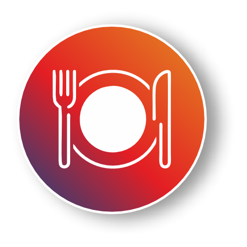 A dinner vector icon featuring a white fork, knife, and plate on a red-to-orange gradient circle