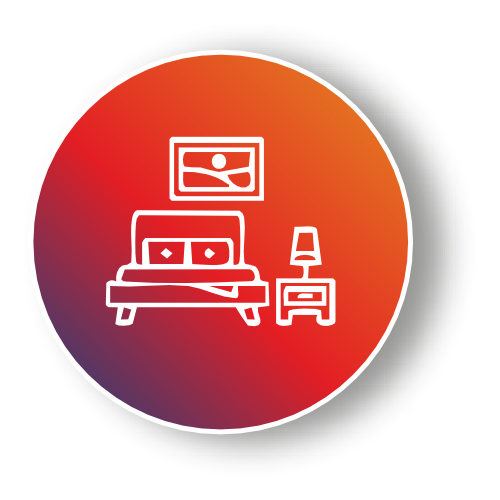 Minimalist bedroom icon vector featured on a circular gradient background
