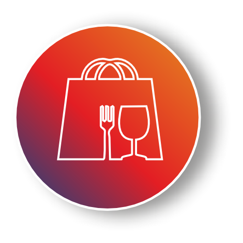 Icon featuring a stylized shopping bag with a fork and wine glass design on an orange-to-purple gradient background