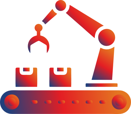 A generic industrial automation icon featuring a robotic arm on a conveyor belt
